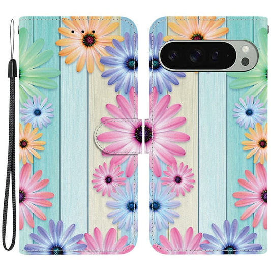 For Google Pixel 9 Pro  /  Pixel 9 Case Pattern Printing Anti-Drop Leather Flip Wallet Phone Cover with Lanyard - Sunflower