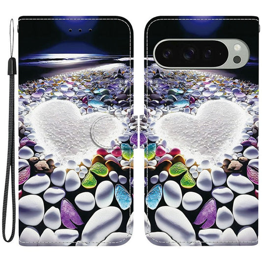 For Google Pixel 9 Pro  /  Pixel 9 Case Pattern Printing Anti-Drop Leather Flip Wallet Phone Cover with Lanyard - Heart Shape