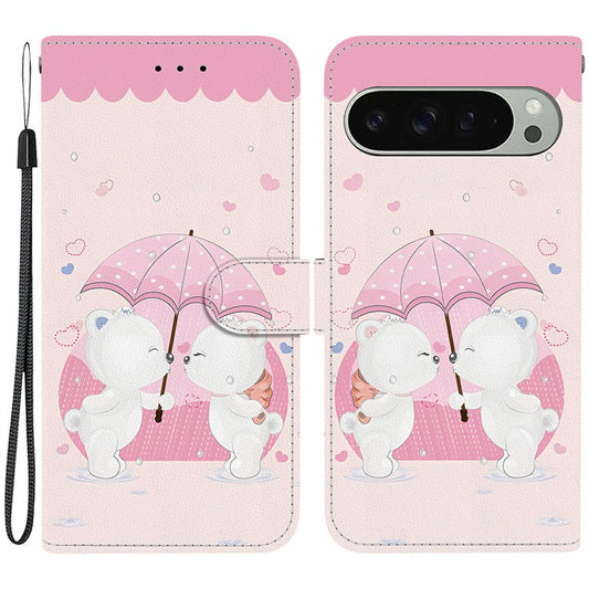 For Google Pixel 9 Pro  /  Pixel 9 Case Pattern Printing Anti-Drop Leather Flip Wallet Phone Cover with Lanyard - Cartoon Couple Bear