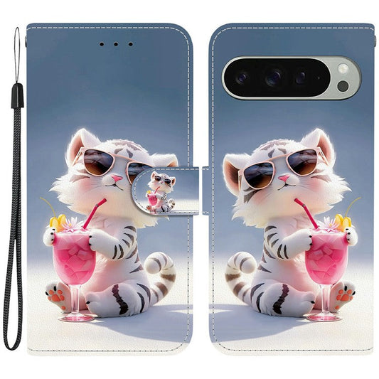 For Google Pixel 9 Pro  /  Pixel 9 Case Pattern Printing Anti-Drop Leather Flip Wallet Phone Cover with Lanyard - Cartoon Tiger