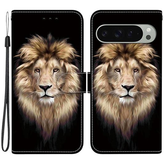 For Google Pixel 9 Pro  /  Pixel 9 Case Pattern Printing Anti-Drop Leather Flip Wallet Phone Cover with Lanyard - Lion Head