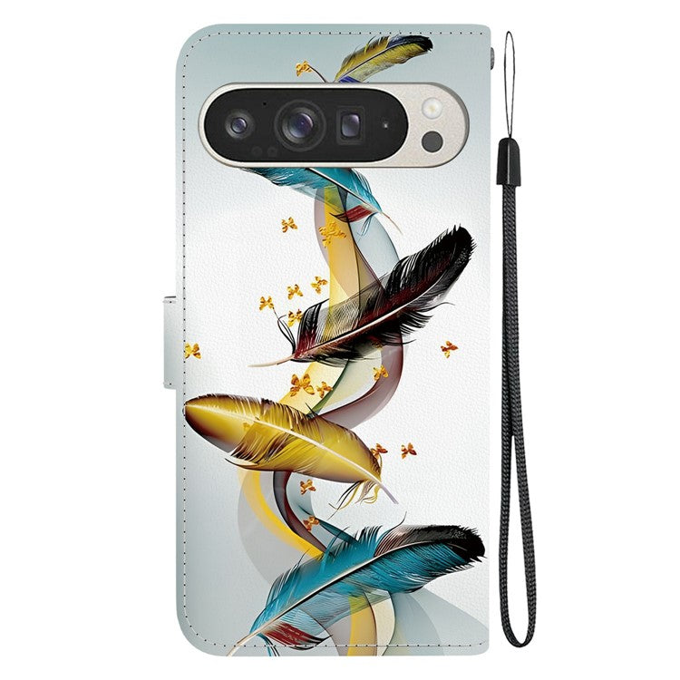 For Google Pixel 9 Pro XL Case Pattern Printing Anti-Drop Leather Flip Wallet Phone Cover with Lanyard - Golden Butterfly Feather