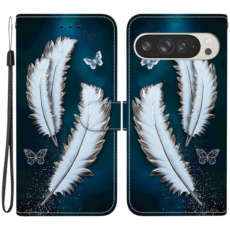 For Google Pixel 9 Pro XL Case Pattern Printing Anti-Drop Leather Flip Wallet Phone Cover with Lanyard - White Butterfly Feather