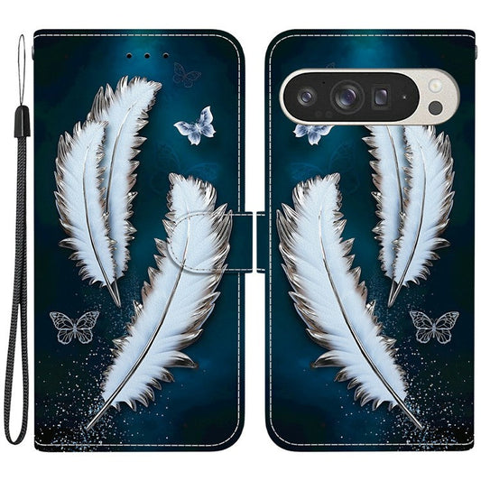 For Google Pixel 9 Pro XL Case Pattern Printing Anti-Drop Leather Flip Wallet Phone Cover with Lanyard - White Butterfly Feather