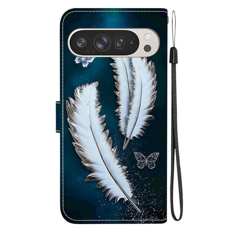 For Google Pixel 9 Pro XL Case Pattern Printing Anti-Drop Leather Flip Wallet Phone Cover with Lanyard - White Butterfly Feather