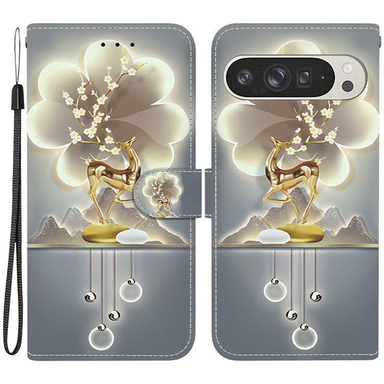 For Google Pixel 9 Pro XL Case Pattern Printing Anti-Drop Leather Flip Wallet Phone Cover with Lanyard - Sika Deer