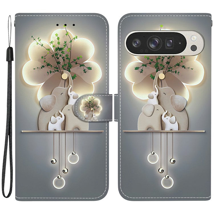 For Google Pixel 9 Pro XL Case Pattern Printing Anti-Drop Leather Flip Wallet Phone Cover with Lanyard - Three Elephants