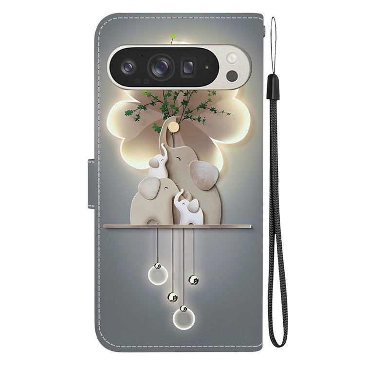 For Google Pixel 9 Pro XL Case Pattern Printing Anti-Drop Leather Flip Wallet Phone Cover with Lanyard - Three Elephants