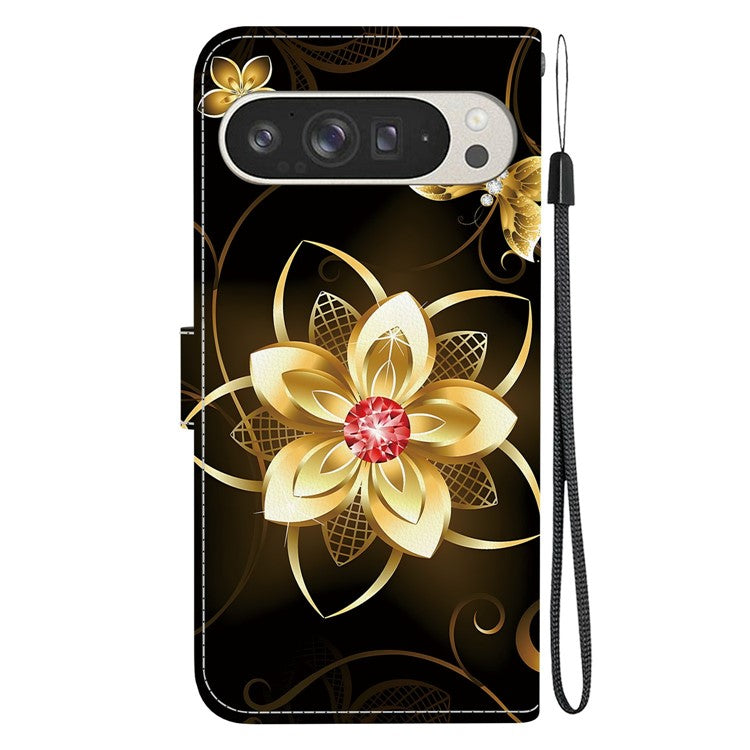 For Google Pixel 9 Pro XL Case Pattern Printing Anti-Drop Leather Flip Wallet Phone Cover with Lanyard - Golden Flower