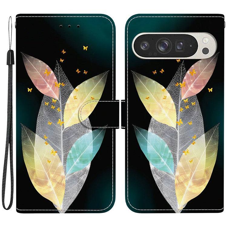 For Google Pixel 9 Pro XL Case Pattern Printing Anti-Drop Leather Flip Wallet Phone Cover with Lanyard - Colored Leaves