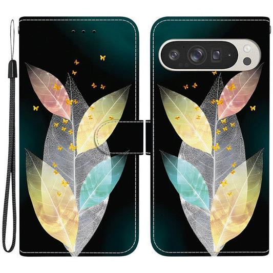 For Google Pixel 9 Pro XL Case Pattern Printing Anti-Drop Leather Flip Wallet Phone Cover with Lanyard - Colored Leaves