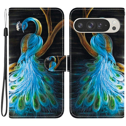 For Google Pixel 9 Pro XL Case Pattern Printing Anti-Drop Leather Flip Wallet Phone Cover with Lanyard - Peacock