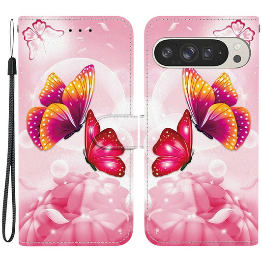 For Google Pixel 9 Pro XL Case Pattern Printing Anti-Drop Leather Flip Wallet Phone Cover with Lanyard - Pink Butterfly