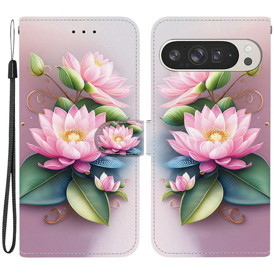 For Google Pixel 9 Pro XL Case Pattern Printing Anti-Drop Leather Flip Wallet Phone Cover with Lanyard - Lotus