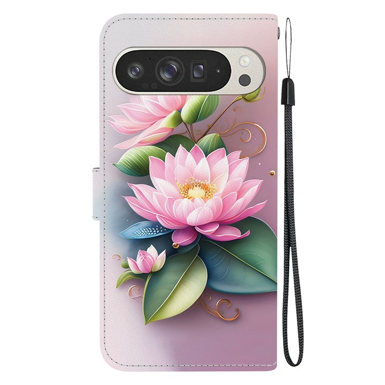 For Google Pixel 9 Pro XL Case Pattern Printing Anti-Drop Leather Flip Wallet Phone Cover with Lanyard - Lotus