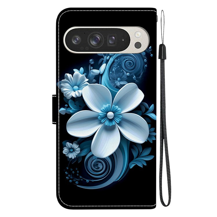 For Google Pixel 9 Pro XL Case Pattern Printing Anti-Drop Leather Flip Wallet Phone Cover with Lanyard - Black Orchid