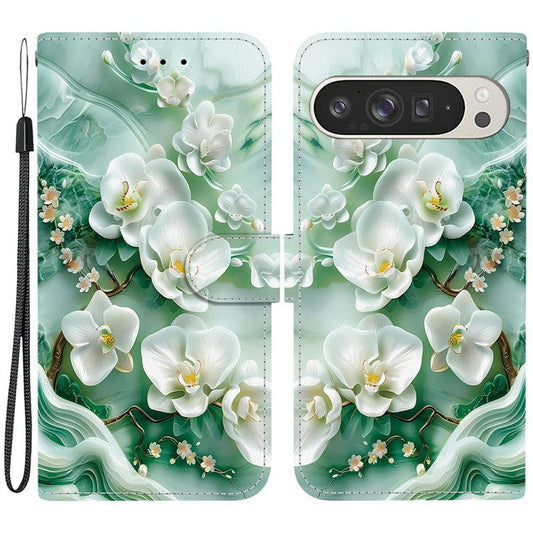 For Google Pixel 9 Pro XL Case Pattern Printing Anti-Drop Leather Flip Wallet Phone Cover with Lanyard - Jade Flower