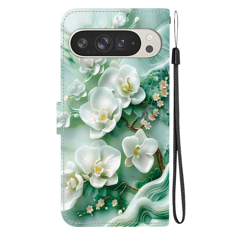 For Google Pixel 9 Pro XL Case Pattern Printing Anti-Drop Leather Flip Wallet Phone Cover with Lanyard - Jade Flower