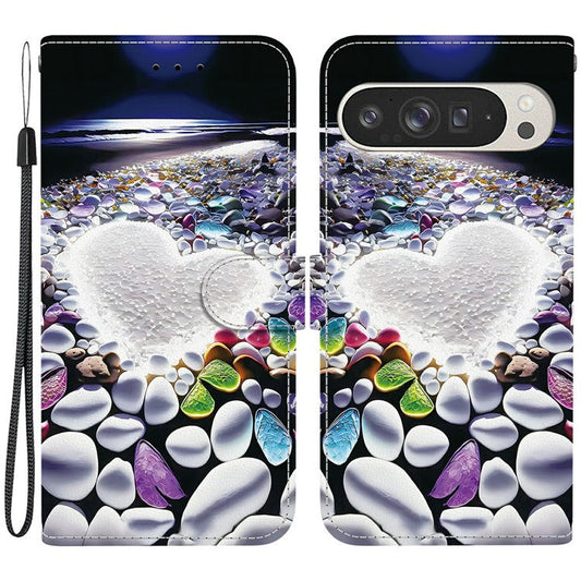 For Google Pixel 9 Pro XL Case Pattern Printing Anti-Drop Leather Flip Wallet Phone Cover with Lanyard - Heart Shape
