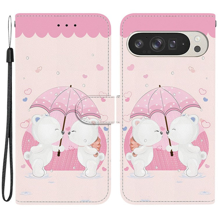 For Google Pixel 9 Pro XL Case Pattern Printing Anti-Drop Leather Flip Wallet Phone Cover with Lanyard - Cartoon Couple Bear