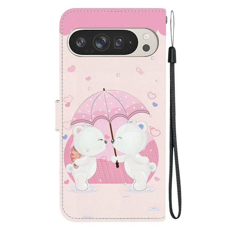 For Google Pixel 9 Pro XL Case Pattern Printing Anti-Drop Leather Flip Wallet Phone Cover with Lanyard - Cartoon Couple Bear