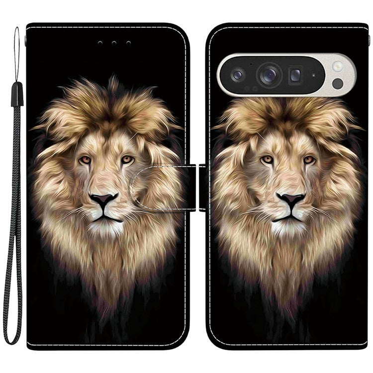 For Google Pixel 9 Pro XL Case Pattern Printing Anti-Drop Leather Flip Wallet Phone Cover with Lanyard - Lion Head