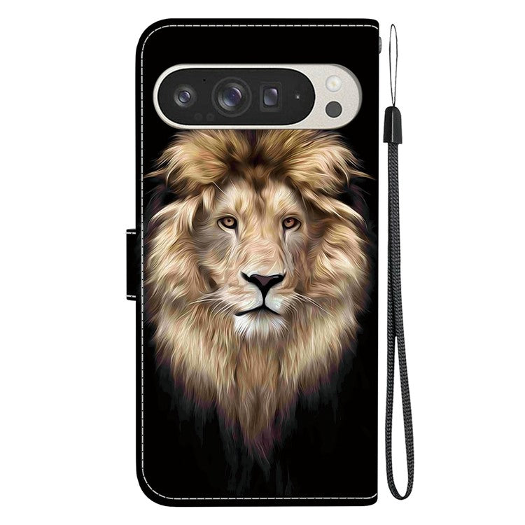 For Google Pixel 9 Pro XL Case Pattern Printing Anti-Drop Leather Flip Wallet Phone Cover with Lanyard - Lion Head