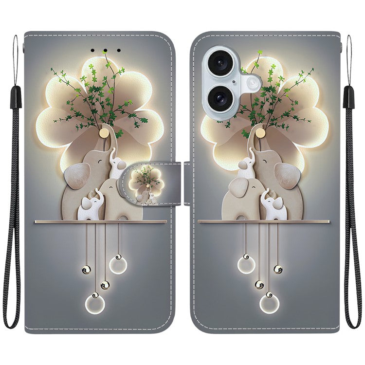 For iPhone 16 Plus Case Pattern Printing Anti-Drop Leather Flip Wallet Phone Cover with Lanyard - Three Elephants