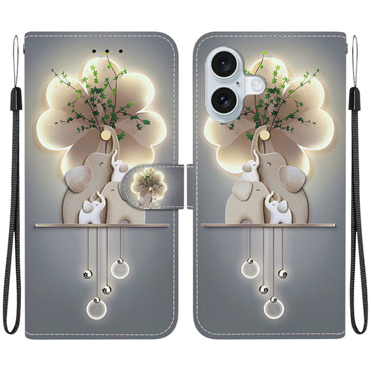For iPhone 16 Plus Case Pattern Printing Anti-Drop Leather Flip Wallet Phone Cover with Lanyard - Three Elephants