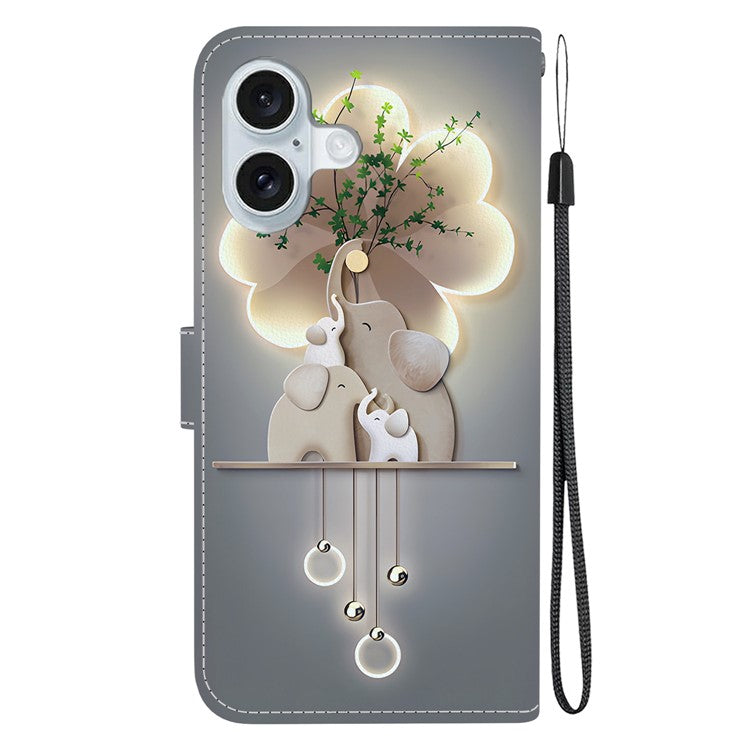 For iPhone 16 Plus Case Pattern Printing Anti-Drop Leather Flip Wallet Phone Cover with Lanyard - Three Elephants