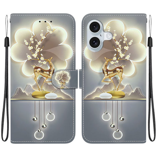 For iPhone 16 Plus Case Pattern Printing Anti-Drop Leather Flip Wallet Phone Cover with Lanyard - Sika Deer