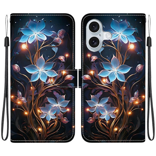 For iPhone 16 Plus Case Pattern Printing Anti-Drop Leather Flip Wallet Phone Cover with Lanyard - Small Lantern Flower