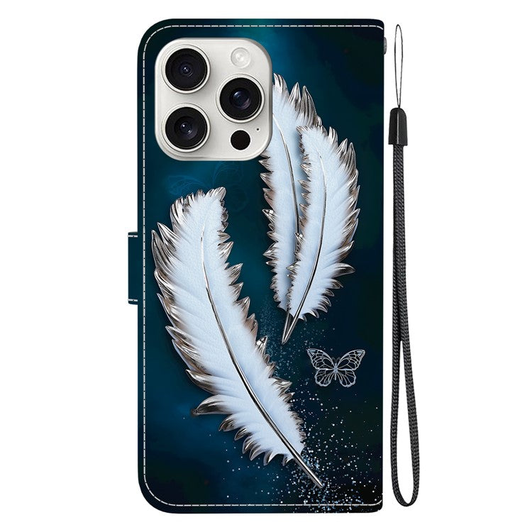For iPhone 16 Pro Case Pattern Printing Anti-Drop Leather Flip Wallet Phone Cover with Lanyard - White Butterfly Feather