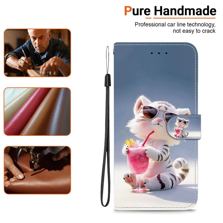 For iPhone 16 Pro Case Pattern Printing Anti-Drop Leather Flip Wallet Phone Cover with Lanyard - Cartoon Tiger