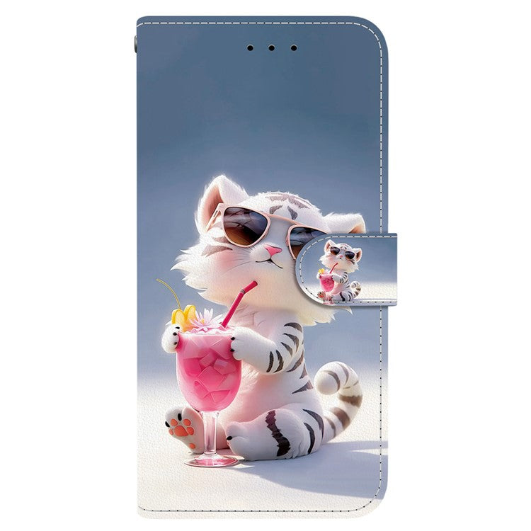 For iPhone 16 Pro Case Pattern Printing Anti-Drop Leather Flip Wallet Phone Cover with Lanyard - Cartoon Tiger