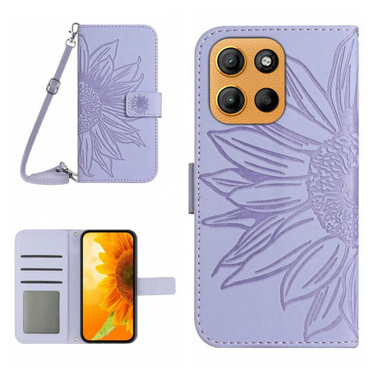 For Motorola Moto G15 4G Case Sunflower Imprint PU Leather Phone Cover with Long Strap - Light Purple