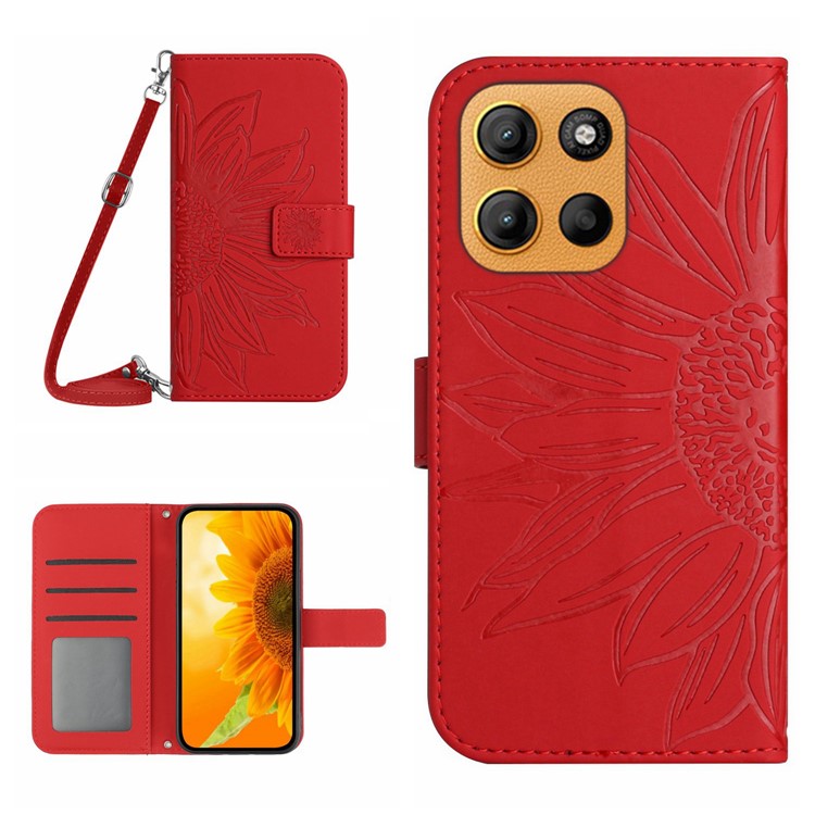 For Motorola Moto G15 4G Case Sunflower Imprint PU Leather Phone Cover with Long Strap - Red