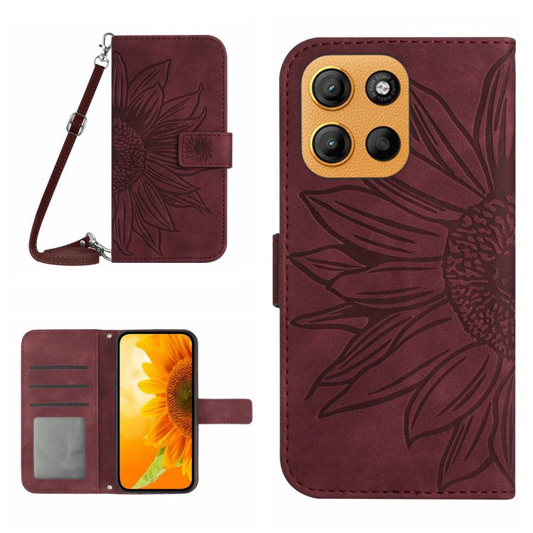 For Motorola Moto G15 4G Case Sunflower Imprint PU Leather Phone Cover with Long Strap - Wine Red