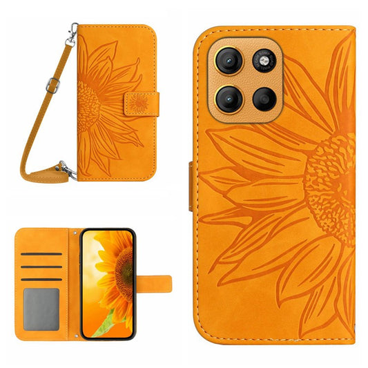 For Motorola Moto G15 4G Case Sunflower Imprint PU Leather Phone Cover with Long Strap - Yellow