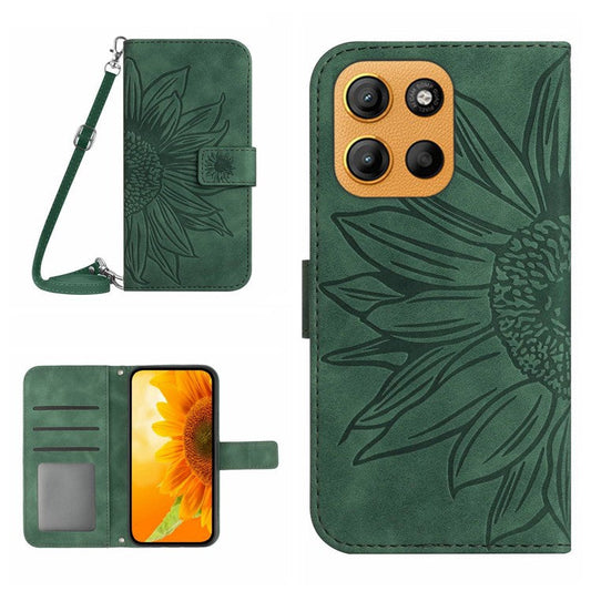 For Motorola Moto G15 4G Case Sunflower Imprint PU Leather Phone Cover with Long Strap - Blackish Green