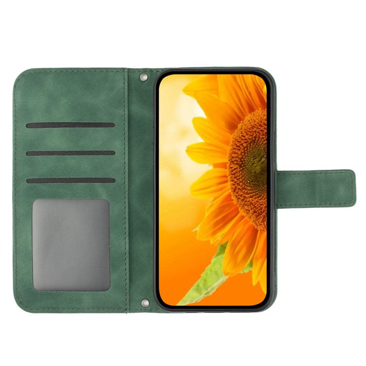 For Motorola Moto G15 4G Case Sunflower Imprint PU Leather Phone Cover with Long Strap - Blackish Green