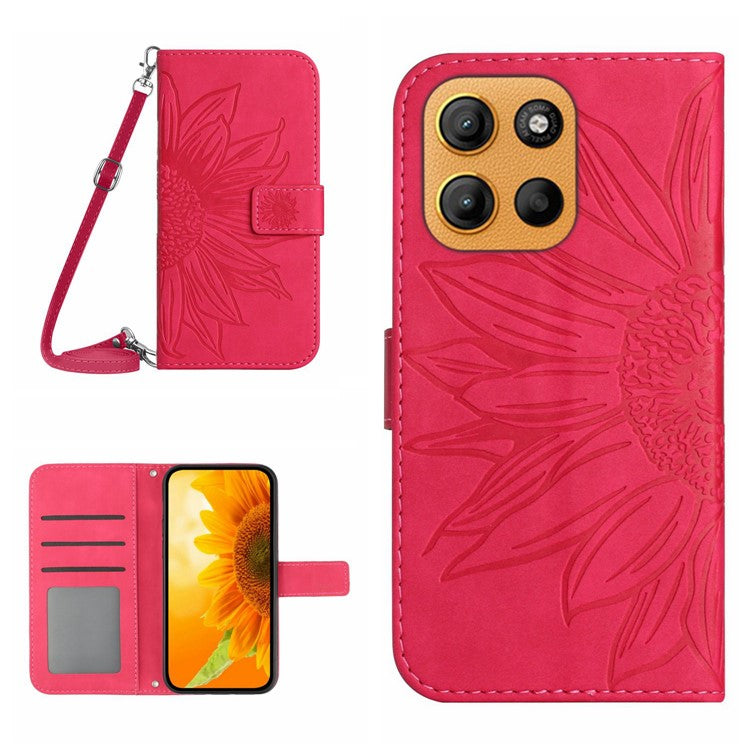 For Motorola Moto G15 4G Case Sunflower Imprint PU Leather Phone Cover with Long Strap - Rose