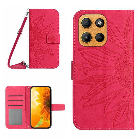 For Motorola Moto G15 4G Case Sunflower Imprint PU Leather Phone Cover with Long Strap - Rose