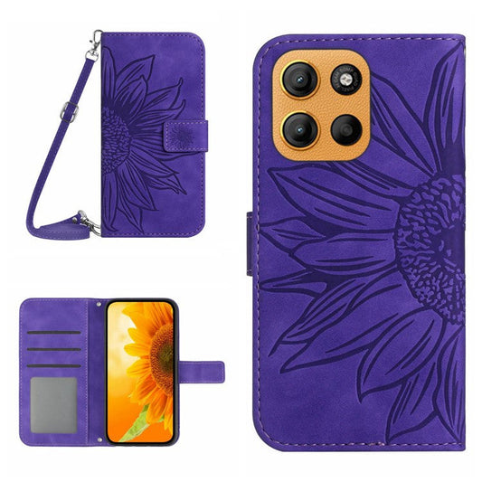 For Motorola Moto G15 4G Case Sunflower Imprint PU Leather Phone Cover with Long Strap - Dark Purple