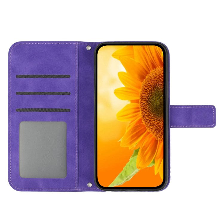For Motorola Moto G15 4G Case Sunflower Imprint PU Leather Phone Cover with Long Strap - Dark Purple