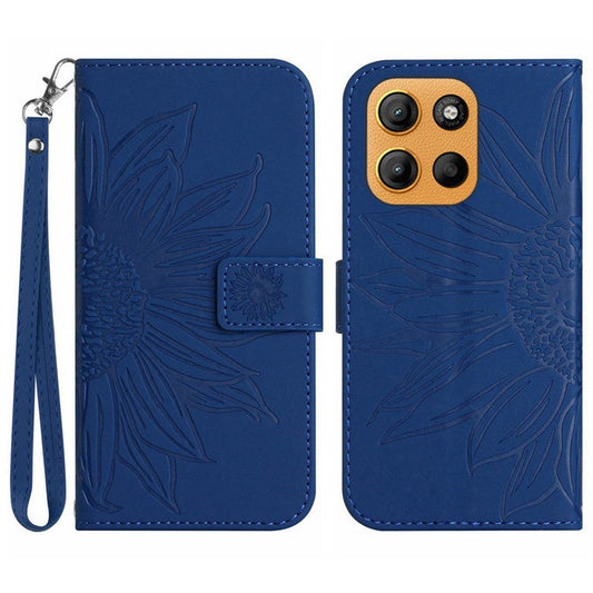 For Motorola Moto G15 4G Case Sunflower Imprint Leather Wallet Phone Cover with Wrist Strap - Sapphire