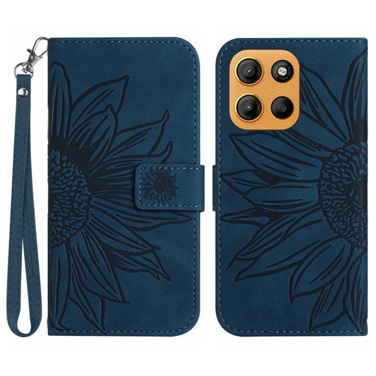 For Motorola Moto G15 4G Case Sunflower Imprint Leather Wallet Phone Cover with Wrist Strap - Dark Blue