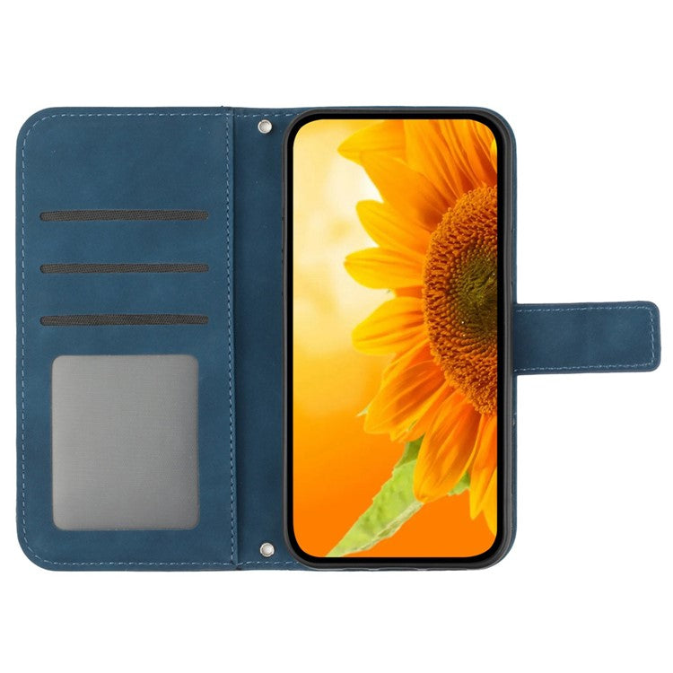 For Motorola Moto G15 4G Case Sunflower Imprint Leather Wallet Phone Cover with Wrist Strap - Dark Blue
