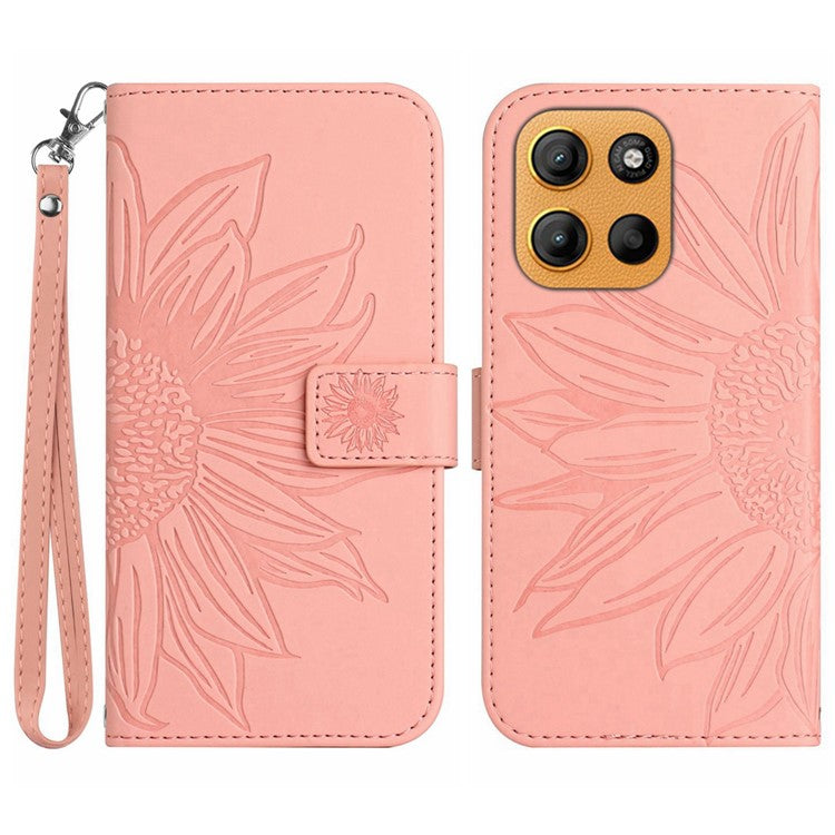 For Motorola Moto G15 4G Case Sunflower Imprint Leather Wallet Phone Cover with Wrist Strap - Light Pink