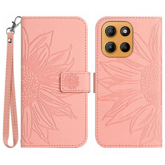 For Motorola Moto G15 4G Case Sunflower Imprint Leather Wallet Phone Cover with Wrist Strap - Light Pink